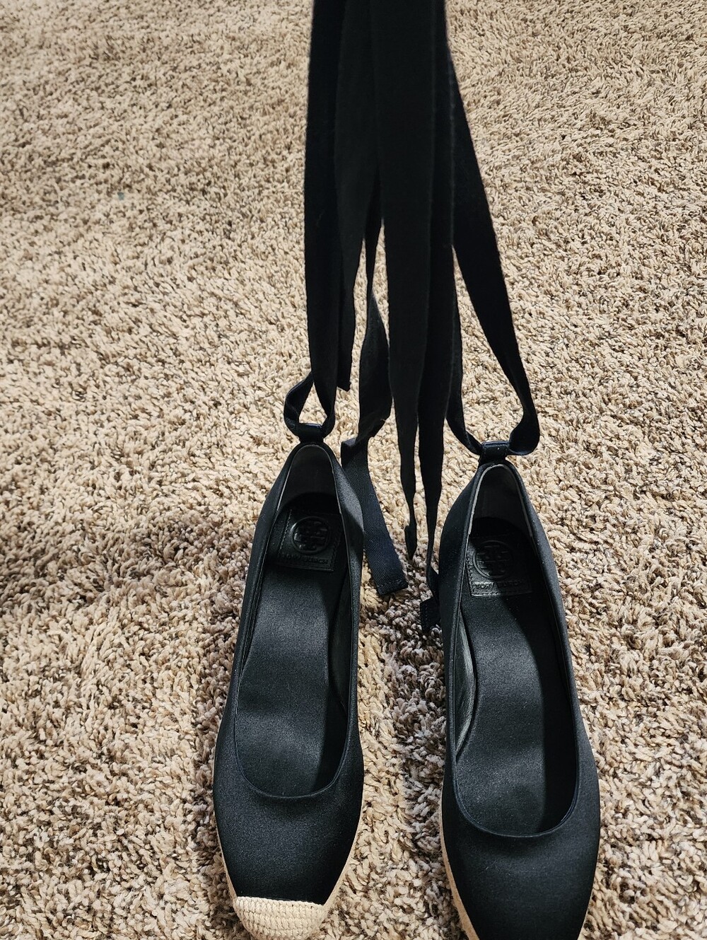 Tory Burch Black Satin Lace Up Espadrille Wedges Flats Size 7 Preppy - Picture 7 of 10